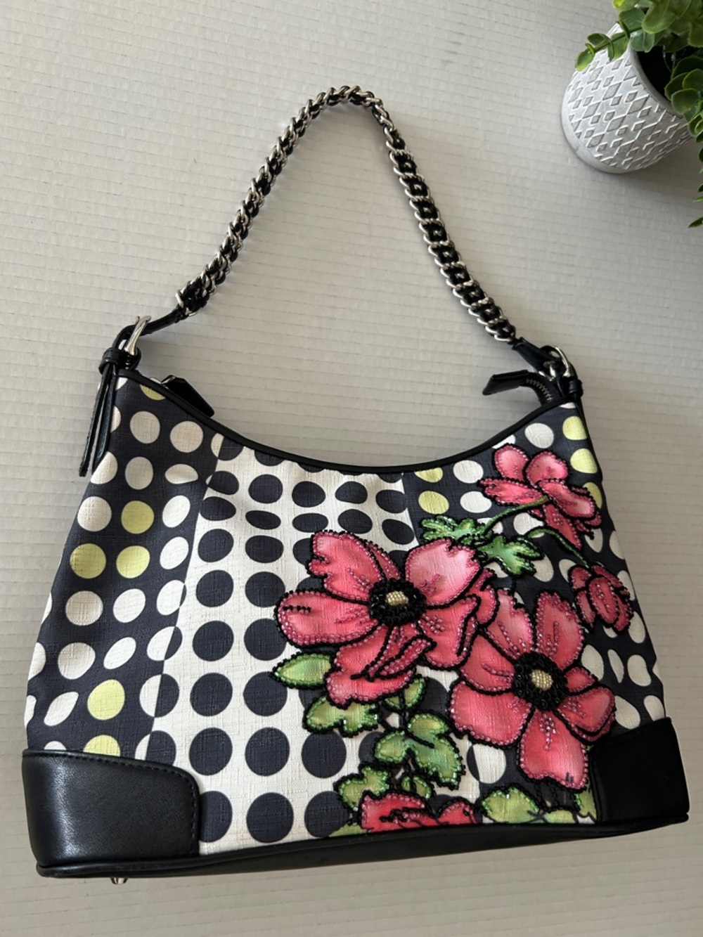 Isabella Fiore Black Polka Dot Floral Shoulder Bag - Pink Flower Accent - Picture 10 of 13